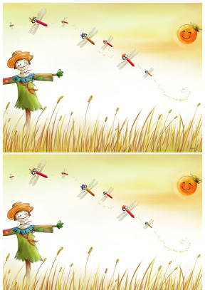 蜻蜓 麥田里開心的稻草人 韓國卡通背景圖片