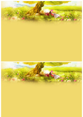 大樹下 花叢中 躺著看書的小女孩ppt背景圖片