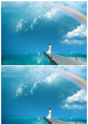 藍天 彩虹 海岸碼頭 女孩背景圖片