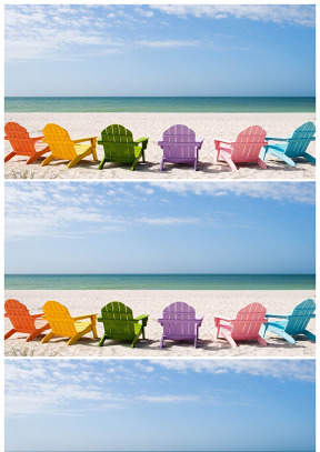 沐浴陽光彩色躺椅可愛沙灘背景圖片