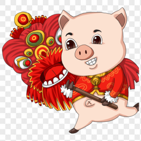 猪年吉祥物小猪猪舞狮子插画