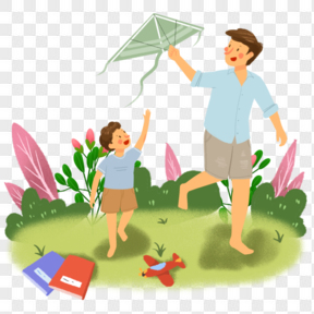父子春游玩耍放风筝手绘