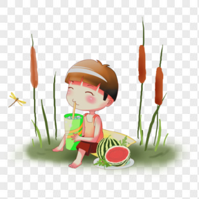 夏天小男孩吃西瓜免扣图   